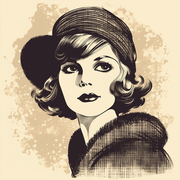 sepia vintage illustration portrait sketch of a flapper woman wearing a hat on beige background
