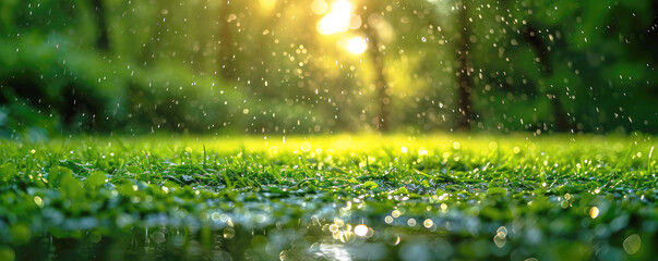 Close-up, nature textures, bright green colors of fresh grass, lawn. Foggy natural background, dewy morning. Banner. Selective focus.