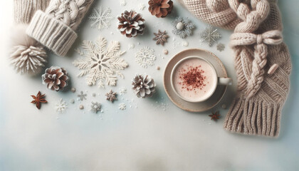 Warm and Cozy Winter Flatlay with Pine Cones, Knitted Scarf, and Hot Drink, Ideal for Festive Advertising