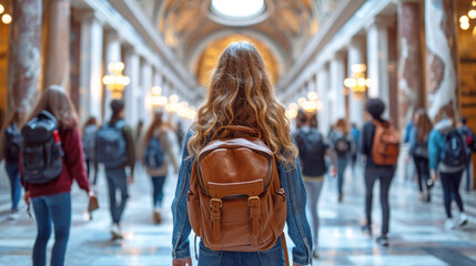 Students, school children go to classes at a university or college, a moving crowd, the figure of a girl in the foreground, a back view.