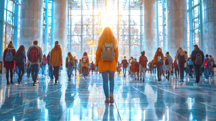 Students, school children go to classes at a university or college, a moving crowd, the figure of a girl in the foreground, a back view. - obrazy, fototapety, plakaty