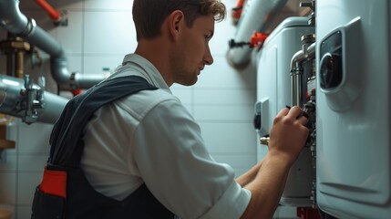 A plumber installing a boiler. Generative AI.
