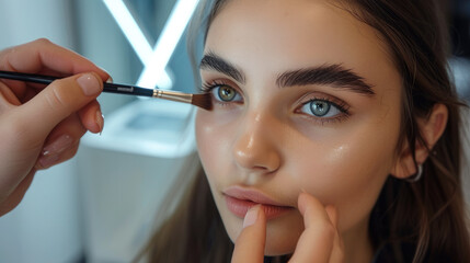 The master girl makes eyebrows with a brush, paints eyebrows. Generative AI.