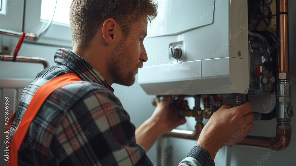 Poster A plumber installing a boiler. Generative AI.