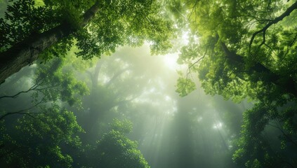 Sunbeams piercing through lush green forest canopy