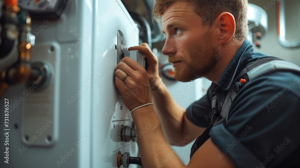 Poster a plumber installing a boiler. generative ai.
