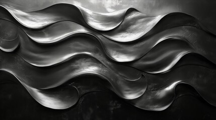 Obraz premium Abstract silver black acrylic painted fluted 3d painting texture luxury background banner on canvas - Silver waves swirls. Decor concept. Wallpaper concept. Art concept. 3d concept.