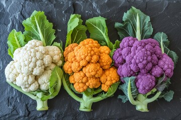 Trio of Cauliflowers in White, Orange, and Purple, A trio of cauliflowers showcasing white, orange, and purple heads, arranged on a dark textured slate for a bold visual contrast. - obrazy, fototapety, plakaty