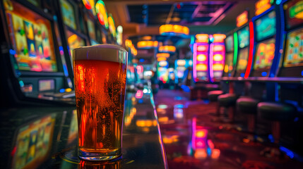 Cinematic wide angle photograph of a beer pint glass in a casino slot machines. Product photography. Advertising. - obrazy, fototapety, plakaty