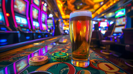 Cinematic wide angle photograph of a beer pint glass in a casino slot machines. Product photography. Advertising.