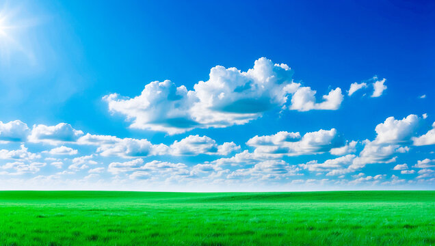 meadow, grassland, landscape,agriculture,lawn, field,  sky, cloud,  flower, nature, spring,Background image of a vast green field under a bright blue sky. bright green grass Receives light well The ba