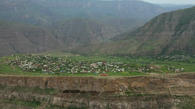 Famous Goor village in Dagestan. Scenery rocky mountains. Aerial footage