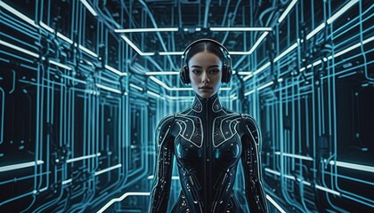 Fototapeta premium artificial intelligence, cyborg girl, artificial intelligence girl, artificial intelligence in human form