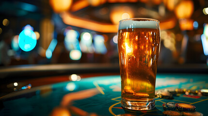 Cinematic wide angle photograph of a beer pint glass in a casinos roulette table. Product photography. Advertising. - obrazy, fototapety, plakaty
