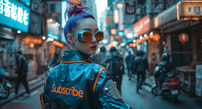 Asian Cyberpunk Girl On A City Street Wearing Cool Sunglasses And A Blue Leather Jacket With 