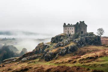 Fototapeta na wymiar Ancient castle ruins amidst misty landscape at dawn