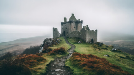 Fototapeta na wymiar Ancient castle ruins amidst misty landscape at dawn