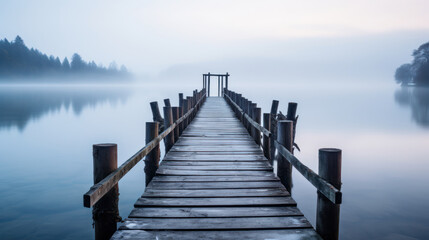 Fototapeta premium Serene lake with wooden pier disappearing into fog
