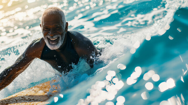 An active senior man in a wetsuit is surfing a wave, skillfully balancing on his surfboard with a focused expression.