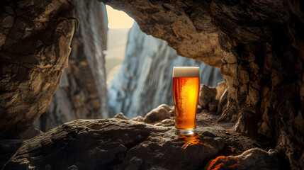 Cinematic wide angle photograph of a beer pint glass inside a rock cave. Product photography. Advertising. - obrazy, fototapety, plakaty