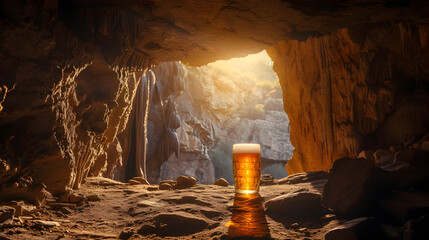 Cinematic wide angle photograph of a beer pint glass inside a rock cave. Product photography. Advertising. - obrazy, fototapety, plakaty