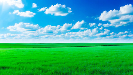 Obraz premium meadow, grassland, landscape,agriculture,lawn, field, sky, cloud, flower, nature, spring,Background image of a vast green field under a bright blue sky. bright green grass Receives light well The ba