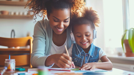 smiling woman and a young girl with headphones painting with watercolors at a table, enjoying a creative activity together