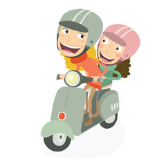 Blonde girl and little girl driving a scooter. Vector Illustration.