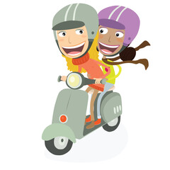 Blonde girl and funny girl driving a scooter. Vector Illustration.