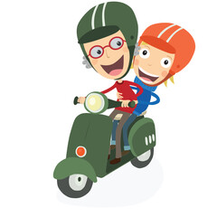 Senior man and blonde boy driving a scooter. Vector Illustration.