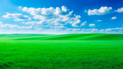 Fototapeta premium meadow, grassland, landscape,agriculture,lawn, field, sky, cloud, flower, nature, spring,Background image of a vast green field under a bright blue sky. bright green grass Receives light well The ba