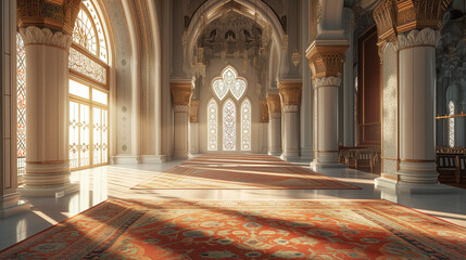Obraz premium Sunshine entering through Door Beautifully in Empty Masjid (Mosque) for Ramadan and Eid 2024 as Background with Copy Space.
