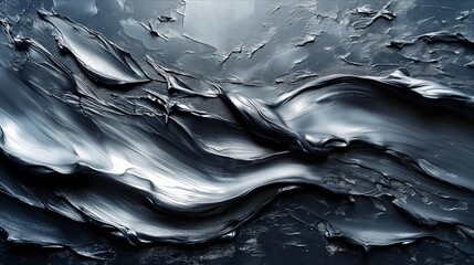 Abstract silver black acrylic painted fluted 3d painting texture luxury background banner on canvas - Silver waves swirls. Decor concept. Wallpaper concept. Art concept. 3d concept.