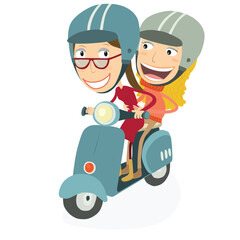 Woman and blonde girl driving a scooter. Vector Illustration.