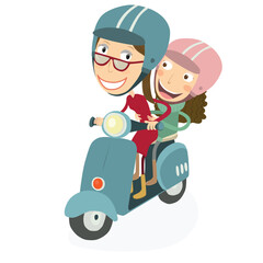 Woman and little girl driving a scooter. Vector Illustration.