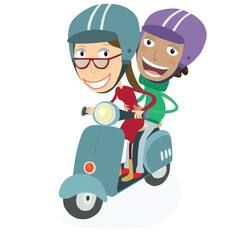 Woman and funny boy driving a scooter. Vector Illustration.