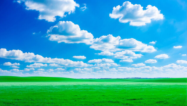 meadow, grassland, landscape,agriculture,lawn, field,  sky, cloud,  flower, nature, spring,Background image of a vast green field under a bright blue sky. bright green grass Receives light well The ba