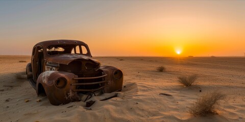 Fototapeta na wymiar Abandoned vintage car in a desert landscape at sunset.