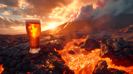 Cinematic wide angle photograph of a beer pint glass in the border of a volcano. Product photography. Advertising. - obrazy, fototapety, plakaty