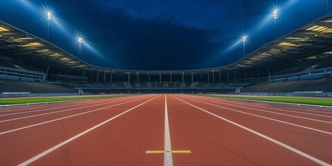 Empty sports stadium with a running track under the night sky.