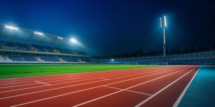 Empty sports stadium with a running track under the night sky.