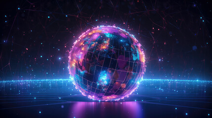 Obraz premium A globe of the planet surrounded by neural neon nexus lines, grid and nodes. Creative concept of technological progress, the World Wide Web banner. Generative AI 3d render illustration 