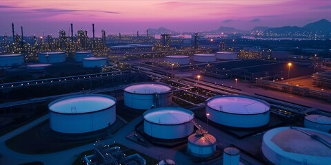 Aerial view of an industrial oil and gas tank storage with digital overlay at twilight.