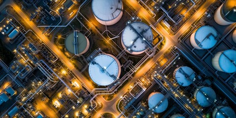 Aerial view of an industrial oil and gas tank storage with digital overlay at twilight.