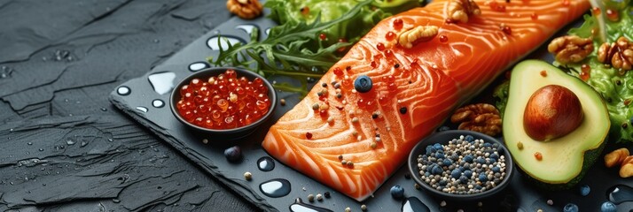 A salmon along with avocados, walnuts, arugula, and lettuce, foods rich in omega-3 fatty acids. Generative AI.