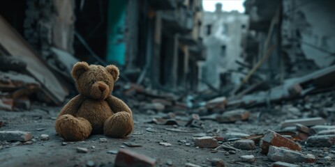 A teddy bear in the ruins of a destroyed street.
