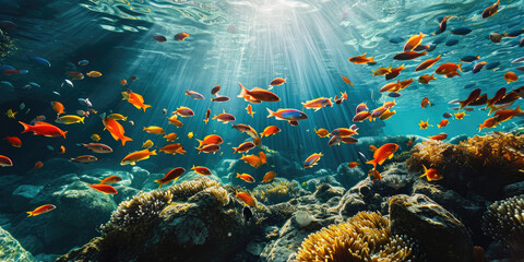  Shoal of colourful fish: Vibrant marine tableau with a colourful fish shoal illuminated by sun rays in a tropical underwater paradise - obrazy, fototapety, plakaty
