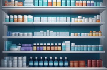 A modern pharmacy with a minimalistic design, shelves with medicines, pharmacy background. Blurred medicines on the shelves inside the pharmacy
