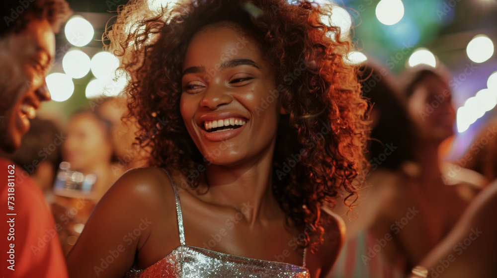 Canvas Prints A joyous woman with curly hair, laughing heartily, surrounded by friends in a festive atmosphere with bokeh lights at a night party.