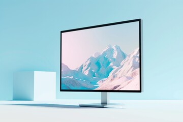 Minimalistic design of a monitor with a mountain screensaver.